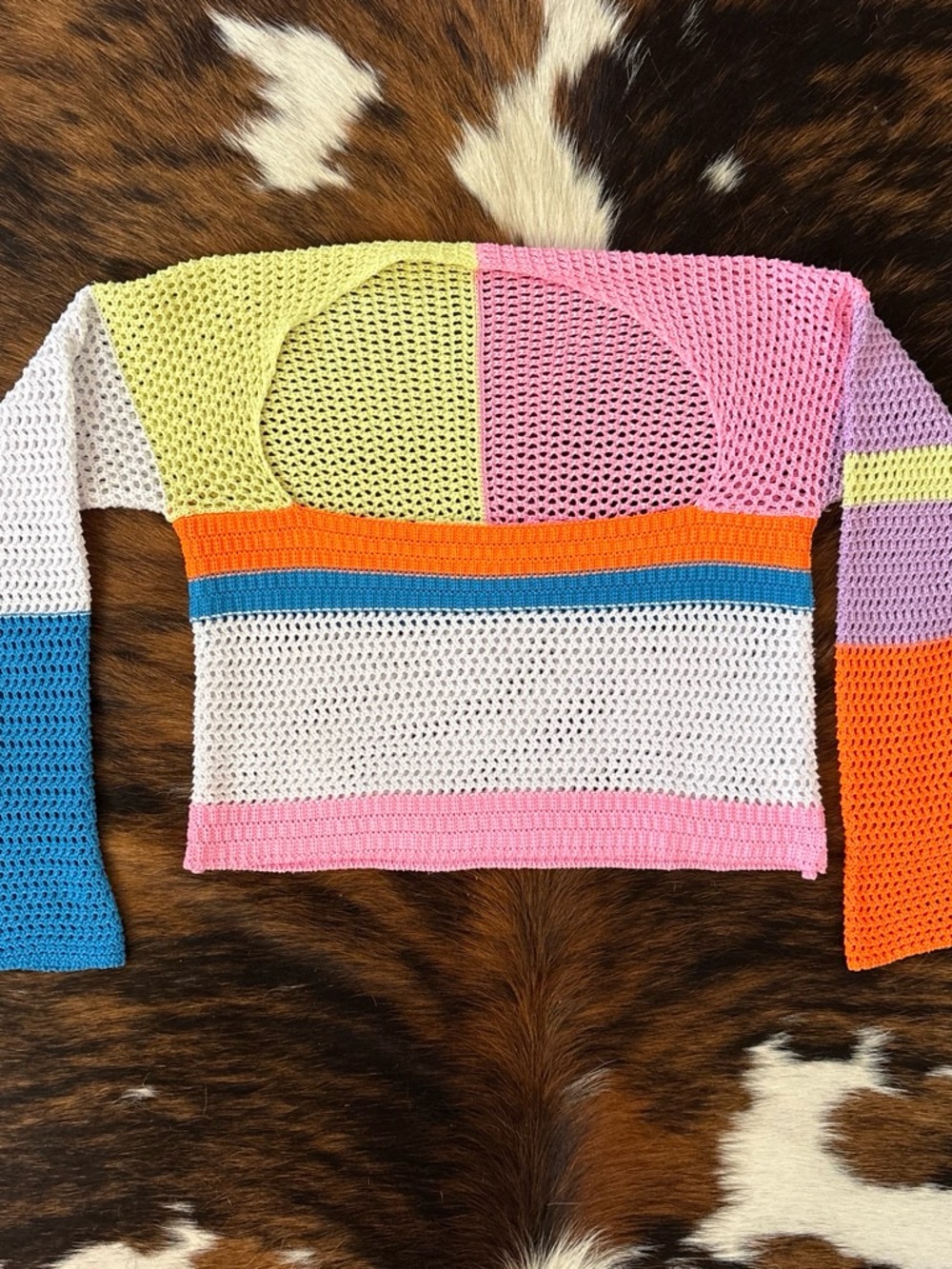 Colorblock Crochet Open-Knit Women's Sweater in Pink, Yellow, Blue